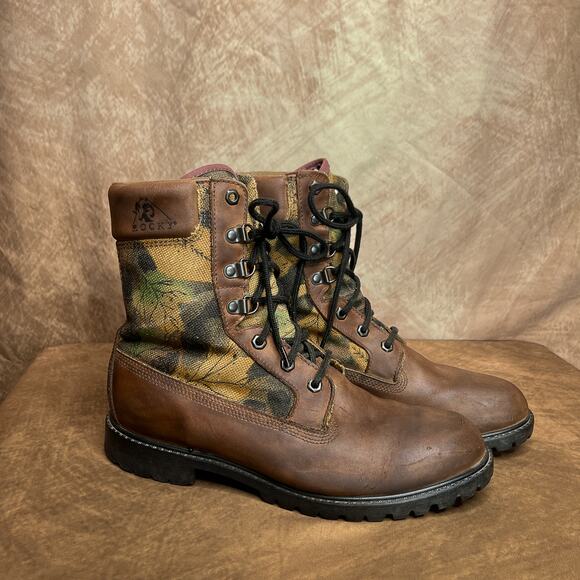 Rocky Boots Leather Camouflage Lace Up Work Boots Brown Woodland Men's 9M Camo - Picture 1 of 11